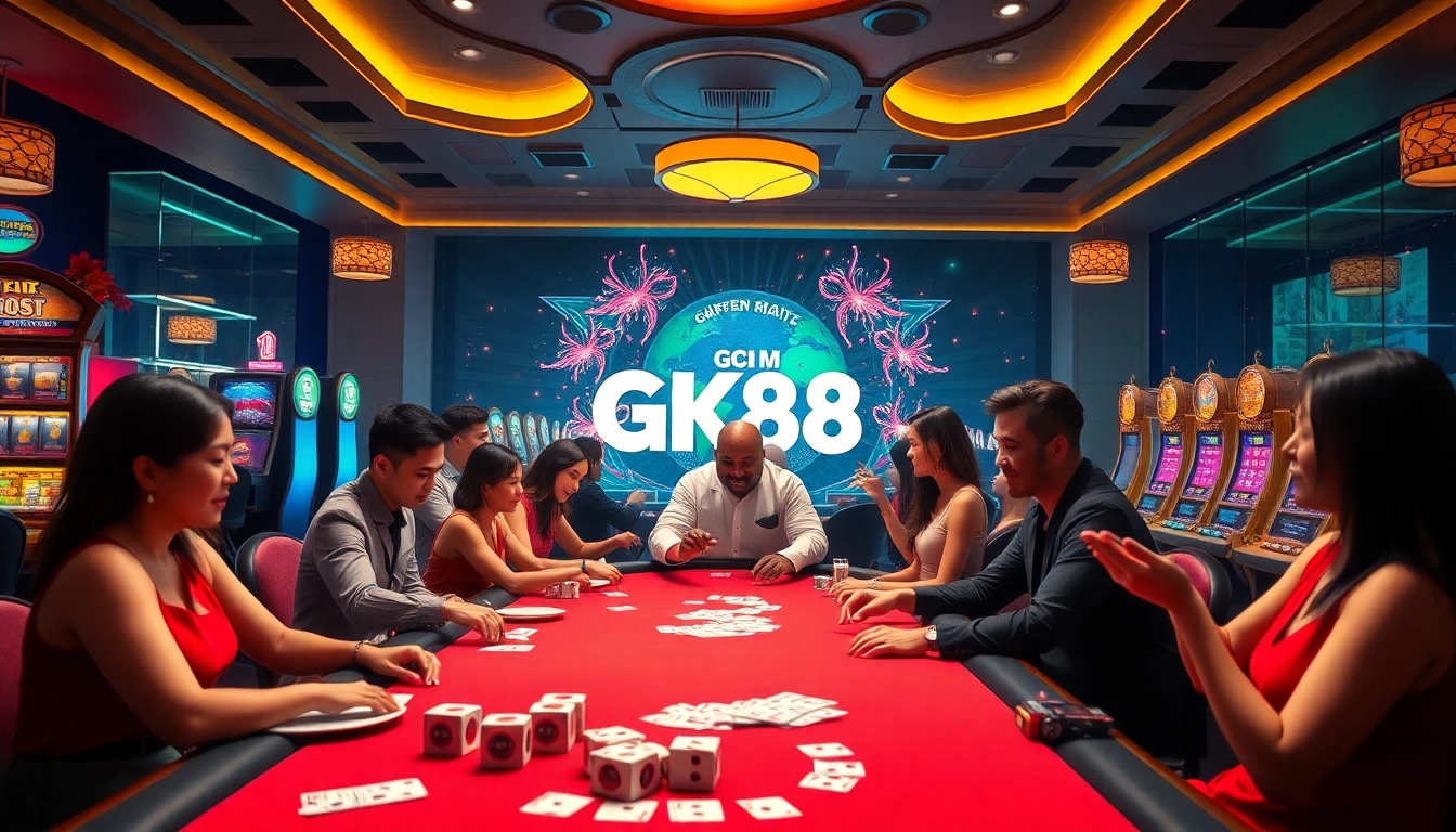 Players enjoying exciting games at GK88 COM online casino, featuring vibrant slot machines and a modern interface.