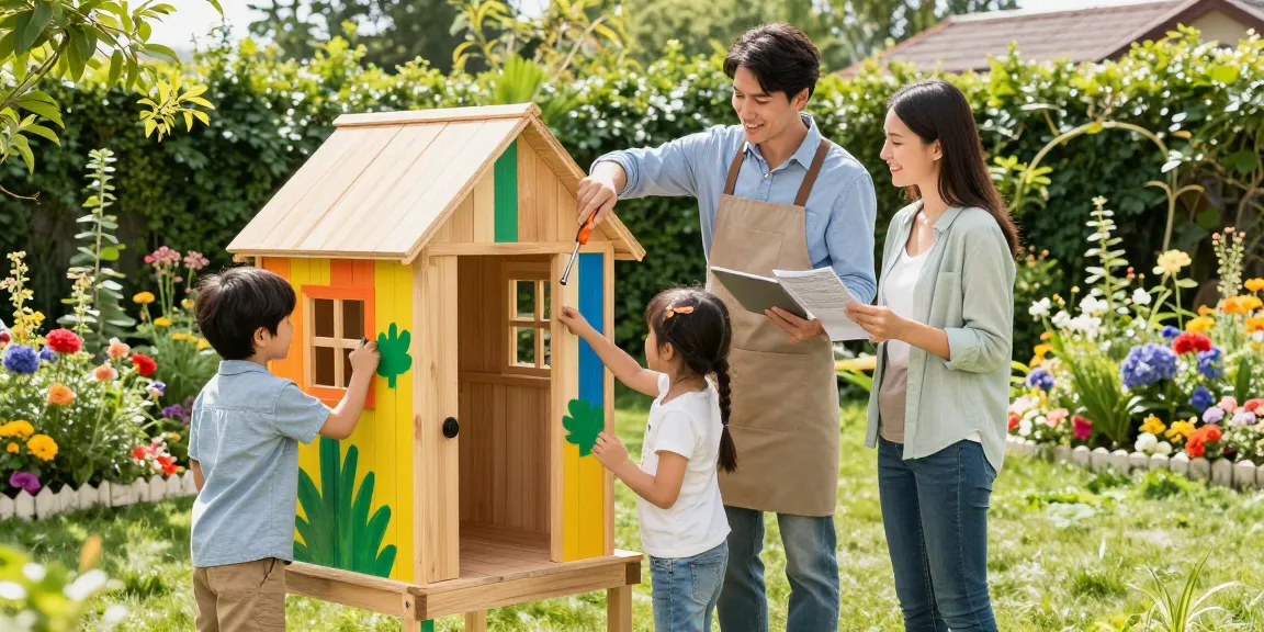 Gartenhaus kaufen: Familie baut einen neuen Gartenpavillon im sonnigen Garten mit bunten Blumen.