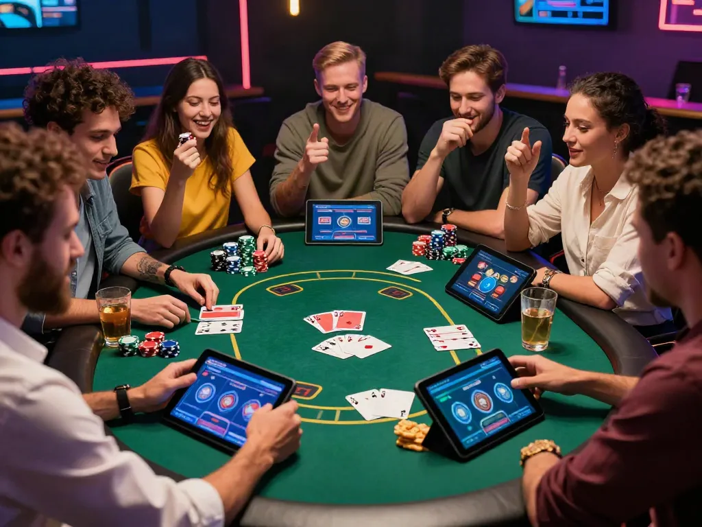 Engaging online casino gaming experience at https://iwinnk.jp.net/ with friends celebrating a poker win.
