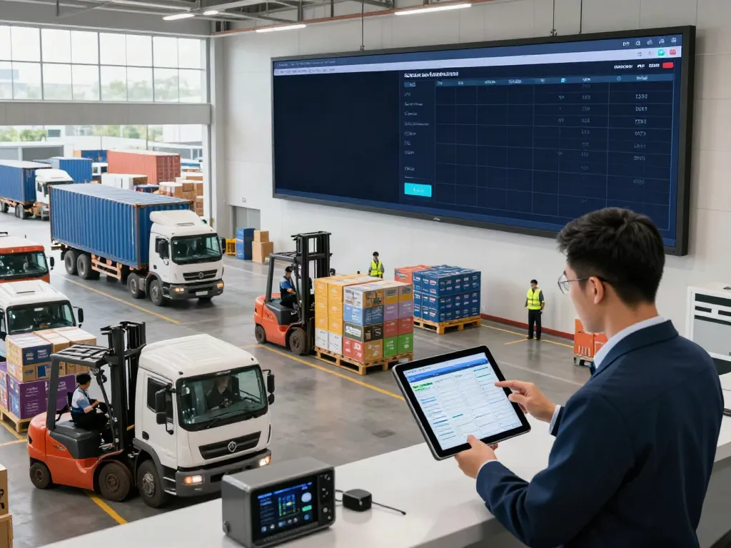 Effiziente Logistikszene mit OCARGO im Transporthub, Manager überprüft Sendungspläne.