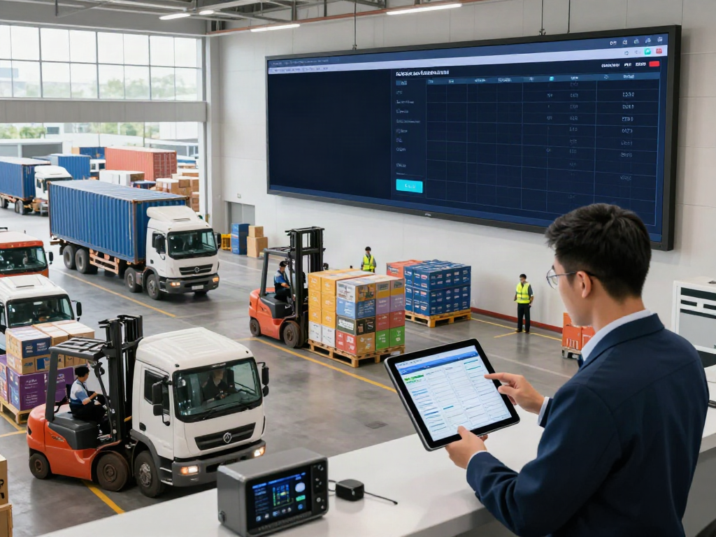 Effiziente Logistikszene mit OCARGO im Transporthub, Manager überprüft Sendungspläne.