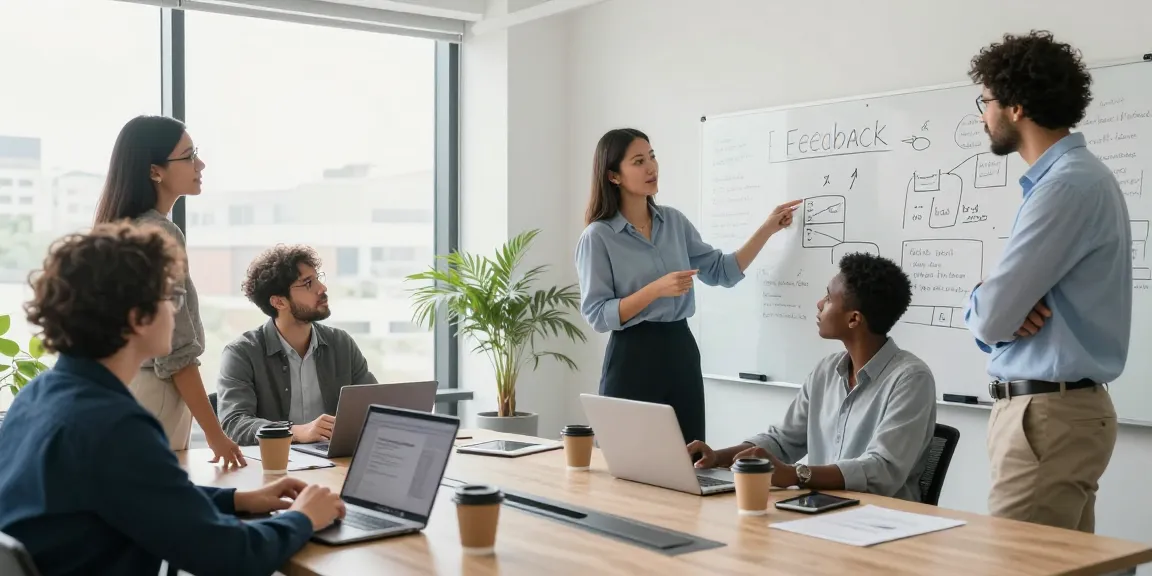 Professionelle Besprechung zur Feedback-Kultur am Arbeitsplatz in modernem Büro mit vielfältigem Team.