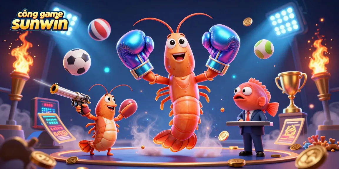 Cổng game sunwin showcases a vibrant gambling scene with animated sea creature characters and dynamic sports elements.