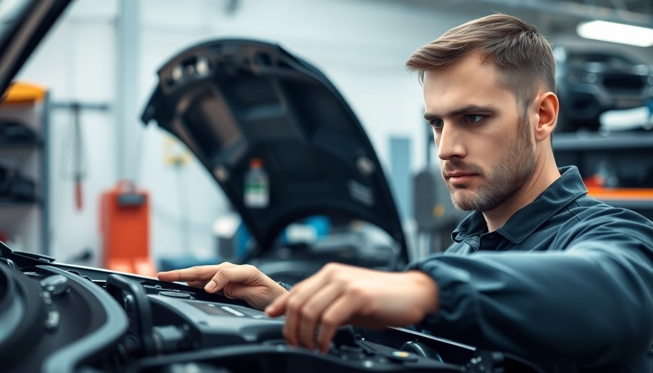 Motorschaden Ankauf: Mechaniker prüft beschädigtes Auto in professioneller Werkstatt.