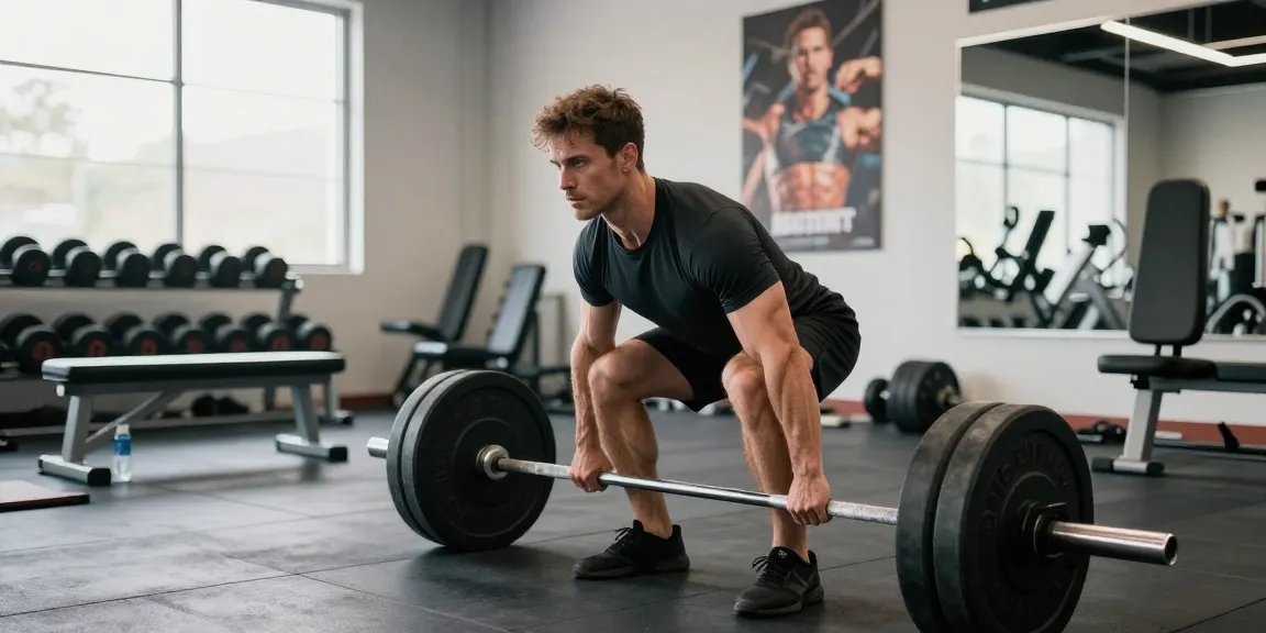 Anabolika kaufen für Muskelwachstum im Fitnessstudio: Athlet beim Deadlift mit Gewichten und Fitnessausrüstung.