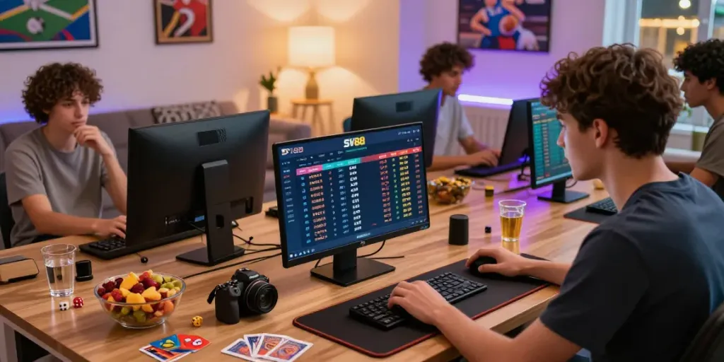 Engaged players exploring betting options on https://sv88.cyou/ in a cozy gaming environment.