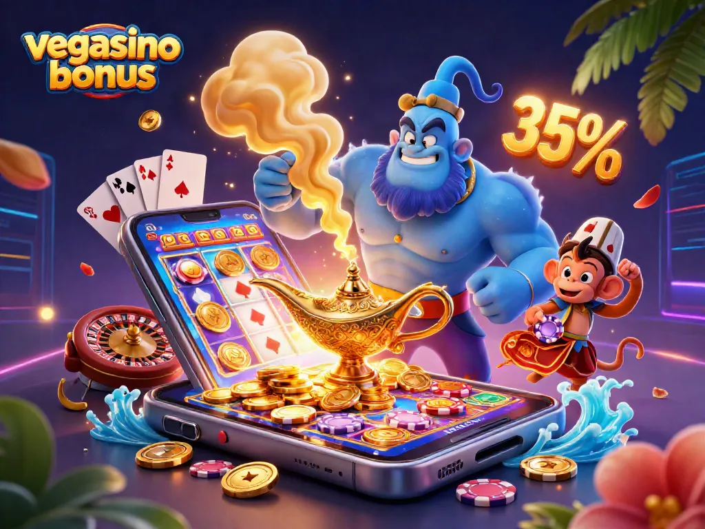 Experience the vegasino bonus with a vibrant scene showcasing a genie, monkey, and casino elements.
