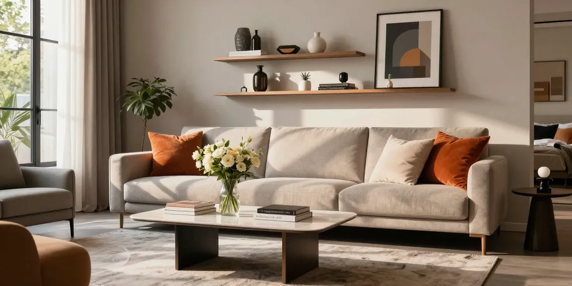 Entdecken Sie stilvolle Möbel in einem modernen Wohnzimmer aus einem Möbel Shop online, mit schickem Dekor und lebhaften Kissen.