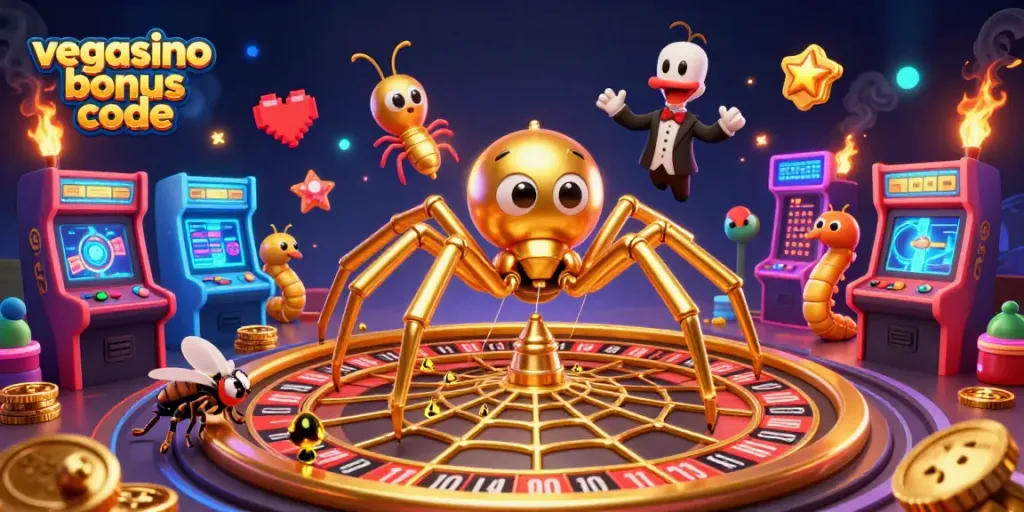 Claim your vegasino bonus code at the thrilling roulette wheel with vibrant game elements surrounding it.