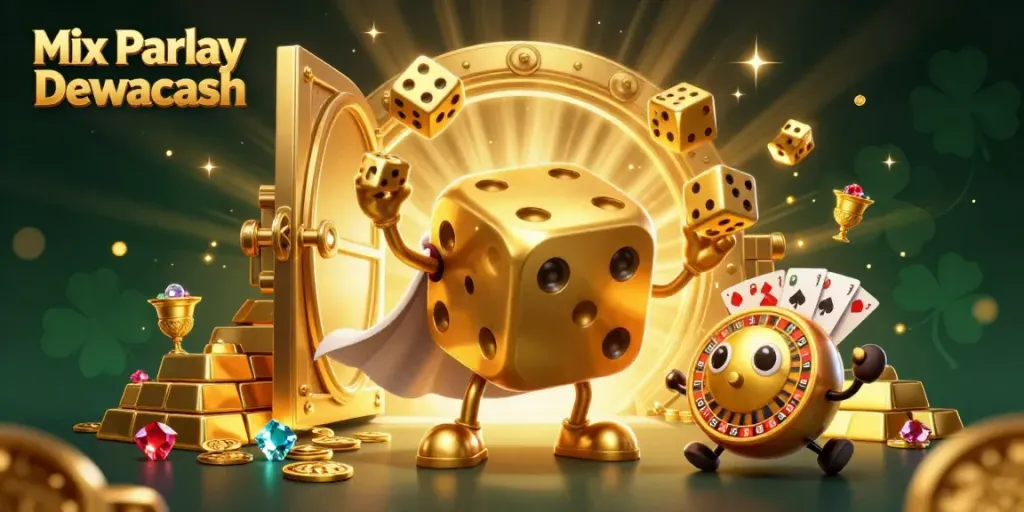 Engage in Mix Parlay Dewacash with a lively 3D casino scene full of dynamic characters and gold.