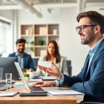 Headhunter IT bespricht Karrieremöglichkeiten in modernem Büro mit Kandidaten.