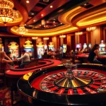Exciting casino scene at https://www.bdtk1.org/ with vibrant roulette table and colorful slot machines.