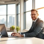 Headhunter Schweiz in a modern office setting, actively engaging with profiles on a laptop.