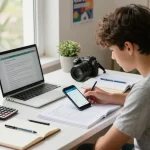 Student, der eine Hausaufgaben-Scanner-App auf einem Smartphone in einem hellen Arbeitszimmer verwendet.