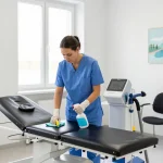 Zuverlässige Praxisreinigung in Münster, die einen professionellen Reinigungsexperten zeigt, der mit akribischer Sorgfalt einen Patientenuntersuchungsraum desinfiziert.