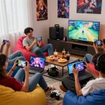 Friends playing hentai game on mobile devices in a cozy living room