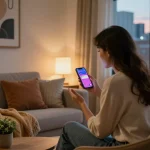 Woman chatting with her girlfriend AI on smartphone, showcasing emotional connection in a cozy urban space.