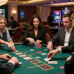 Experience the thrill of Plagiat Scan as players strategize at a busy blackjack table in a luxury casino.