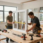 Experten-Handwerk im Fensterbau in einer modernen Bauumgebung mit erfahrenen Arbeitern, die Fenster installieren.