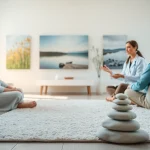 Reinkarnationstherapie Sitzung in einem harmonischen Raum mit entspannenden Elementen.