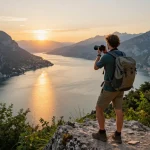Wunderschöne Szene von Gardasee Reisetipps Reisenden bei Sonnenuntergang, die den Blick auf den See und die Berge einfängt.