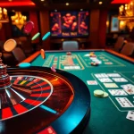 Spannende casinospiele in einem eleganten Casino mit Roulette und Kartenspielen.
