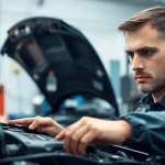 Motorschaden Ankauf: Mechaniker prüft beschädigtes Auto in professioneller Werkstatt.