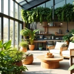 Wintergarten mit modernem Design und ueppigem Gruen, das einen luxurioesen Raum schafft.