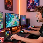 A passionate gamer at their setup enjoying B52 CLUB online games, showcasing vibrant screens and dynamic atmosphere.