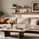Entdecken Sie stilvolle Möbel in einem modernen Wohnzimmer aus einem Möbel Shop online, mit schickem Dekor und lebhaften Kissen.