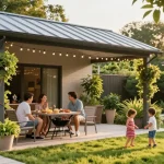 Terrassenüberdachungen in einem liebevoll gestalteten Garten mit entspannter Atmosphäre und leuchtendem Sonnenlicht.