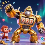 Unleash winning thrills with Zoccer's powerful gorilla mech celebrating jackpot wins in a vibrant casino scene.