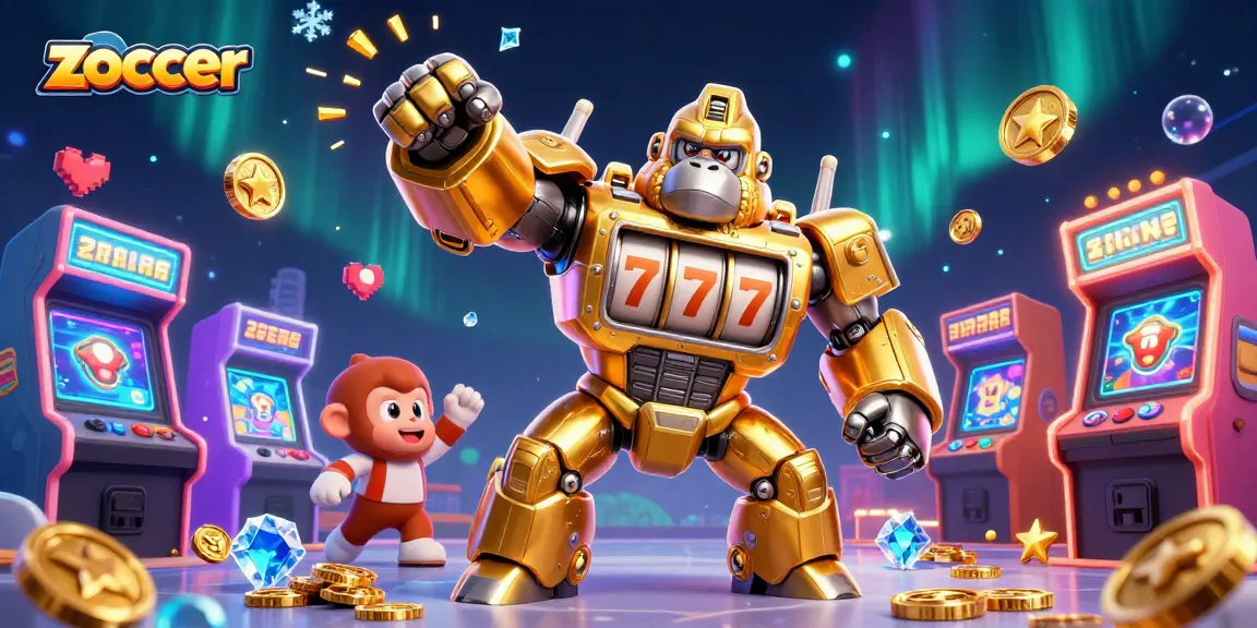Unleash winning thrills with Zoccer's powerful gorilla mech celebrating jackpot wins in a vibrant casino scene.
