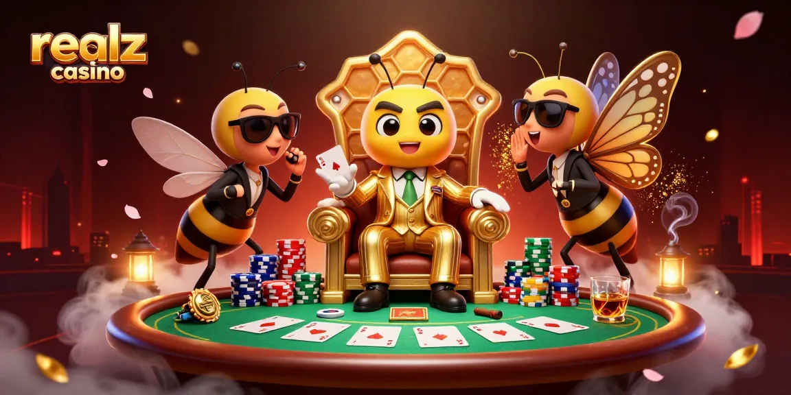 Engage with realz casino in a dynamic 3D gaming scene featuring a bumblebee mob boss and vibrant casino action.