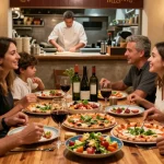 Family enjoying authentic pizza at Pizzeria Madera reflecting cozy atmosphere and freshness of pg soft ingredients.
