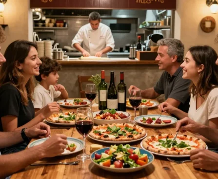 Family enjoying authentic pizza at Pizzeria Madera reflecting cozy atmosphere and freshness of pg soft ingredients.