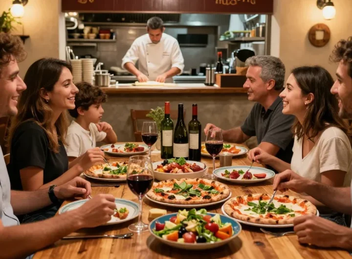 Family enjoying authentic pizza at Pizzeria Madera reflecting cozy atmosphere and freshness of pg soft ingredients.
