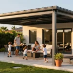 Moderne Terrassenüberdachung mit Familie im Garten bei Sonnenschein.
