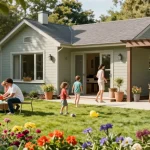 Stilvolles Garten Haus in einem blühenden Garten mit Familie und Spielbereich.