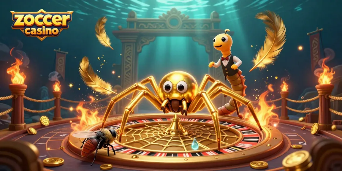 Experience the thrill of zoccer casino with a golden spider spinning a roulette wheel in a dynamic 3D scene.