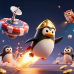 Erleben Sie die zoccer casino auszahlungsdauer mit diesem dynamischen Bild eines goldenen Pinguins im Weltraum.