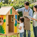 Gartenhaus kaufen: Familie baut einen neuen Gartenpavillon im sonnigen Garten mit bunten Blumen.