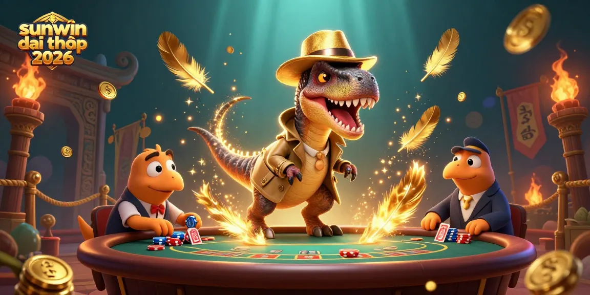 Experience the thrill of sunwin đổi thưởng 2026 with an exciting scene featuring a velociraptor at a blackjack table.