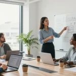 Professionelle Besprechung zur Feedback-Kultur am Arbeitsplatz in modernem Büro mit vielfältigem Team.