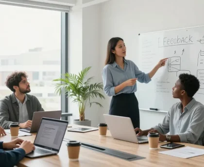 Professionelle Besprechung zur Feedback-Kultur am Arbeitsplatz in modernem Büro mit vielfältigem Team.