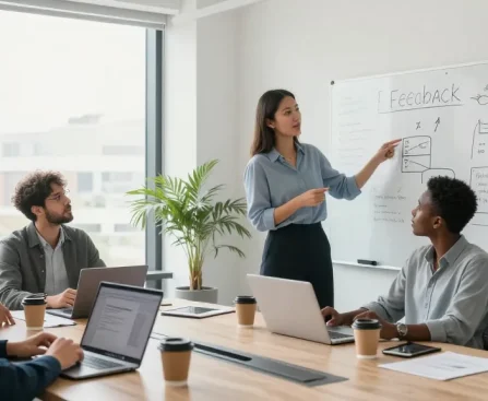 Professionelle Besprechung zur Feedback-Kultur am Arbeitsplatz in modernem Büro mit vielfältigem Team.