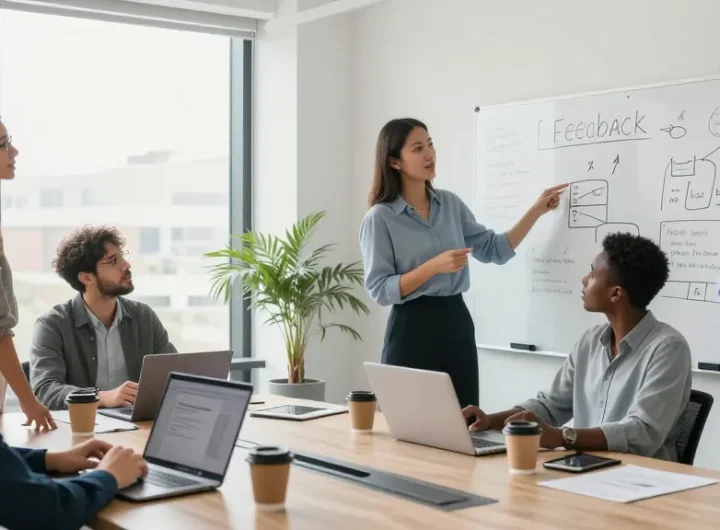 Professionelle Besprechung zur Feedback-Kultur am Arbeitsplatz in modernem Büro mit vielfältigem Team.